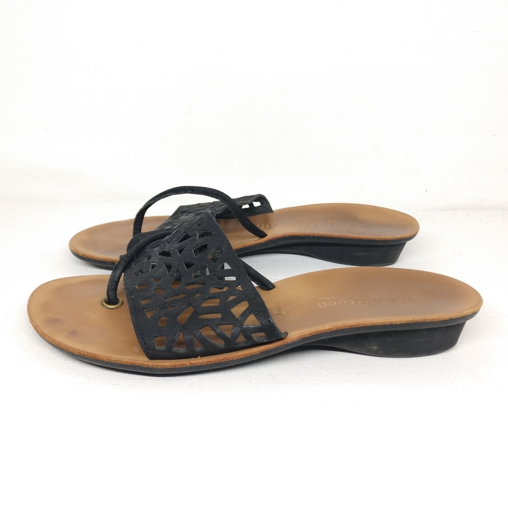 Black Cutout Leather Thong Sandals - Women